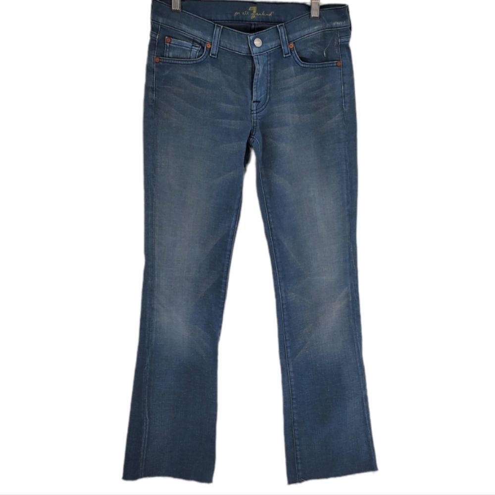 7 For All Mankind Blue Distressed Mid-Rise Flare Raw Hem Coated Jean Pant 28 NWT